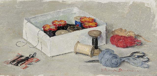 Tjieke Roelofs-Bleckmann | Stil life with sewing kit, oil on panel, 17.0 x 34.5 cm, signed l.r.