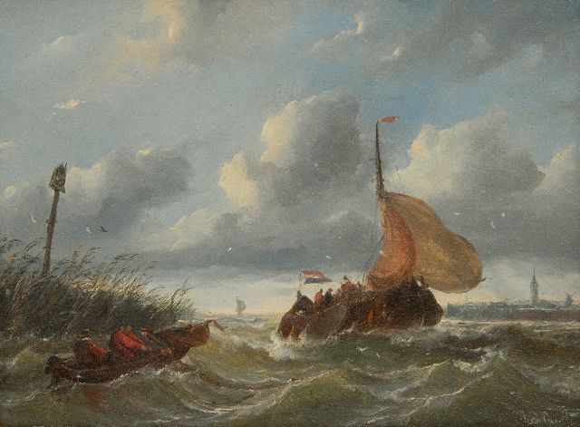 Beest A. van | A boyer entering a harbour in choppy weather, oil on panel 23.5 x 33.6 cm, signed l.r.