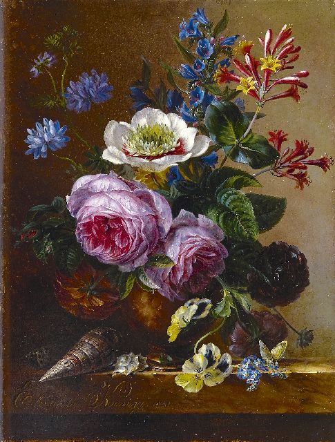 Koning E.J.  | An exuberant flower still life on a marble ledge, oil on panel 35.1 x 26.7 cm, signed l.l. and dated 1841