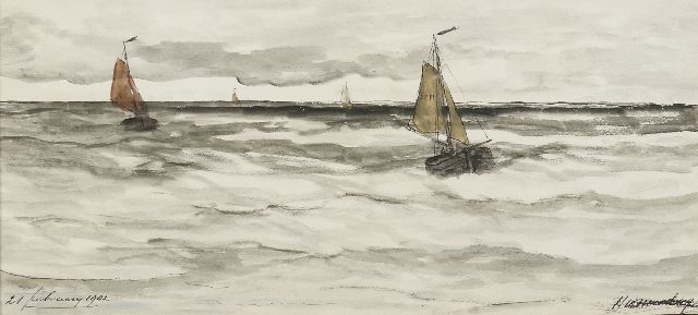 Hendrik Willem Mesdag | Ships returning from sea, pen and ink and watercolour on paper, 20.6 x 43.2 cm, signed l.r. and dated 21 februarij 1902