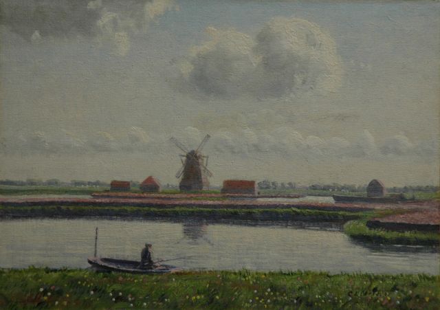 Charles Ludwig Stricker | Landscape near Nieuwer-Amstel, with the 'Koenenmolen' and bulbfields, oil on canvas laid down on board, 24.5 x 34.5 cm, signed l.r. and painted in May 1918