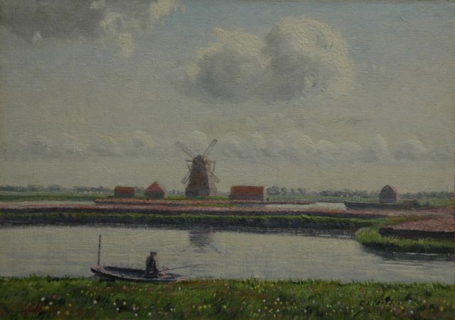 Stricker C.L.  | Landscape near Nieuwer-Amstel, with the 'Koenenmolen' and bulbfields, oil on canvas laid down on board 24.5 x 34.5 cm, signed l.r. and painted in May 1918