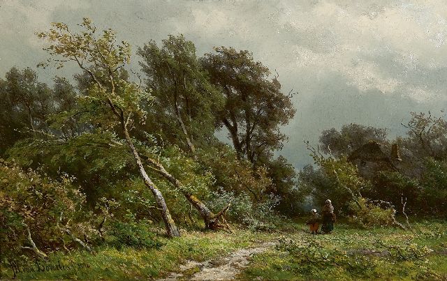 Jan Willem van Borselen | Gathering faggots after the storm, oil on panel, 22.5 x 35.3 cm, signed l.l. and dated 1870
