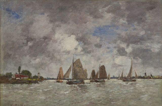 Boudin E.L.  | Sailing ships on the Maas, oil on canvas 49.7 x 74.2 cm, signed l.l.