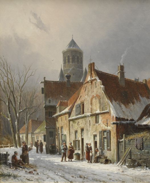 Adrianus Eversen | A village street in winter, oil on canvas, 44.7 x 36.7 cm, signed l.r.