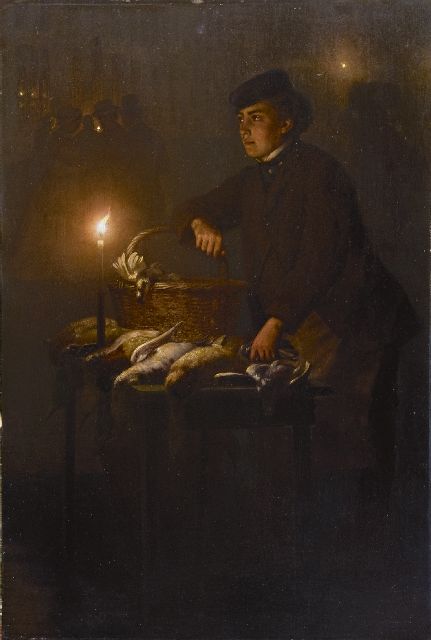 Petrus van Schendel | Selling game at the Groenmarkt in The Hague, by night, oil on panel, 45.0 x 30.3 cm, signed l.r. and executed ca. 1868