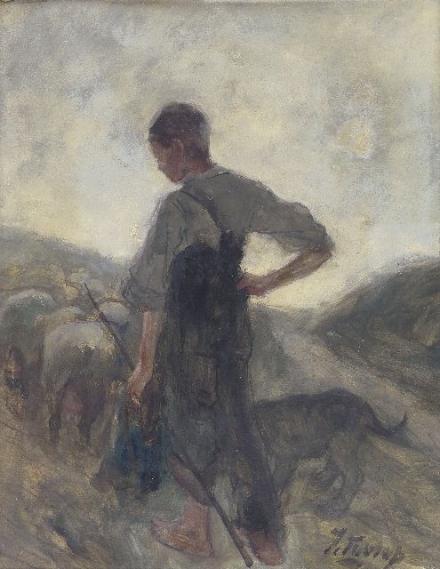 Jan Toorop | Shepherd and his flock, watercolour on paper, 40.4 x 31.1 cm, signed l.r. and painted ca. 1884