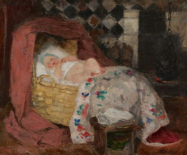 Wally Moes | Interior with baby in a crib, oil on canvas, 34.7 x 41.3 cm, signed l.r.