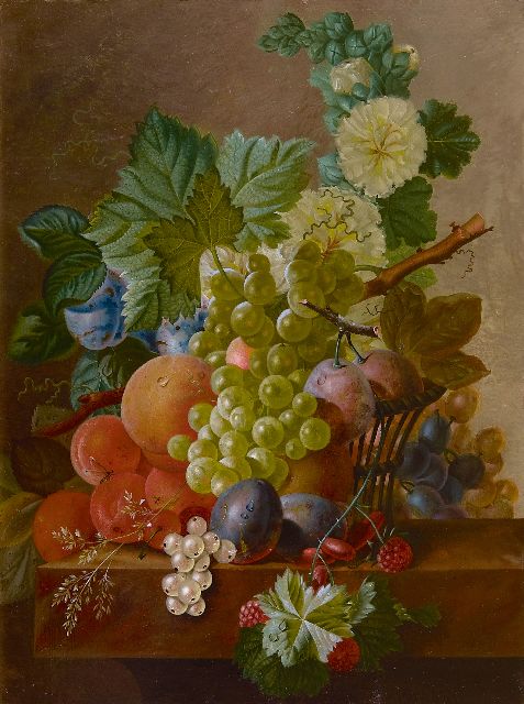 Johannes Cornelis de Bruyn | Grapes, peaches and other fruit on a stone ledge, oil on panel, 42.6 x 32.6 cm