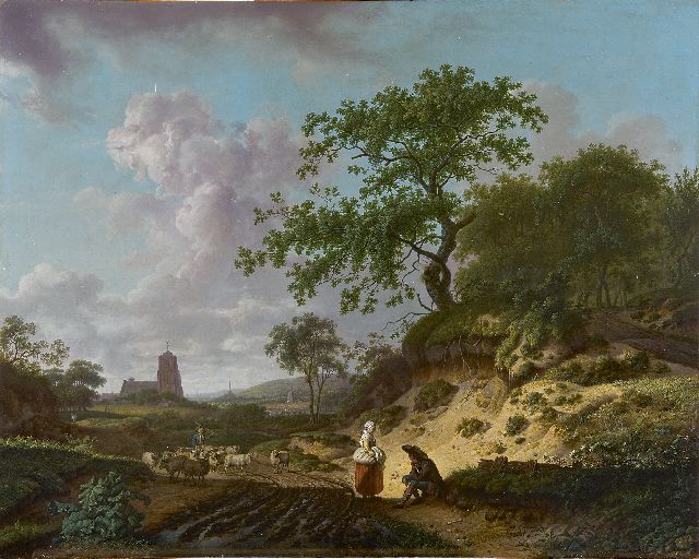 Heinrich Wilhelm Schweickhardt | A wooded landscape with landfolk and a drover with his herd, oil on panel, 50.6 x 63.8 cm, signed l.l.