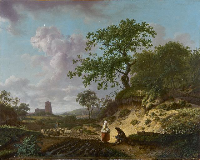 Schweickhardt H.W.  | A wooded landscape with landfolk and a drover with his herd, oil on panel 50.6 x 63.8 cm, signed l.l.