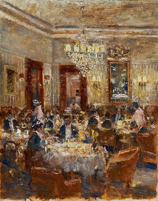 Meyer-Wiegand R.D.  | A festive evening at the restaurant, oil on panel 30.0 x 23.9 cm, signed l.l.