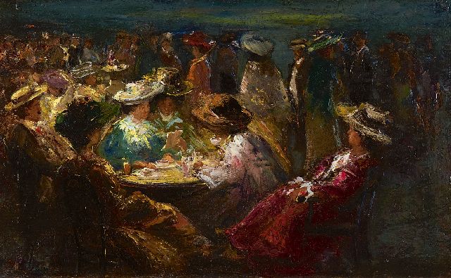 Helfferich F.W.  | Terrace by night, oil on panel 24.8 x 40.0 cm