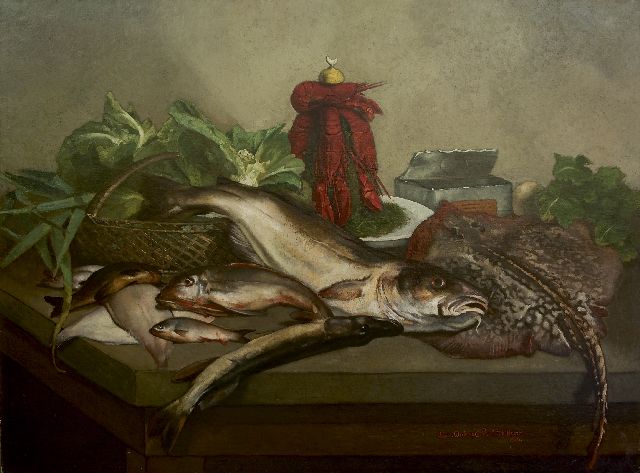 Louis Dubois & Léopold Speekaert | A still life with fish and lobster, oil on canvas, 105.9 x 142.2 cm, signed l.r. by both artists and dated 1866