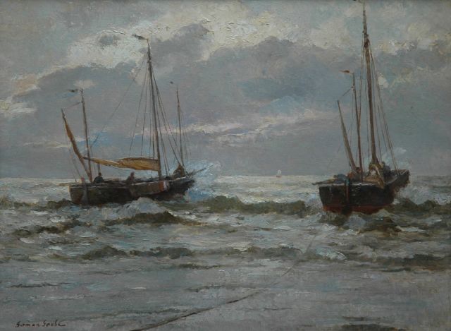 German Grobe | Fishing boats setting sail at sunset, oil on canvas, 60.0 x 80.3 cm, signed l.l.