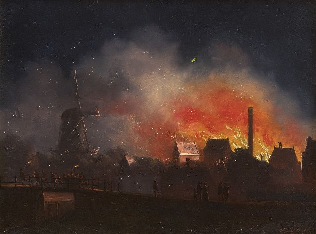 Hendrik Gerrit ten Cate | Fire at night (possibly the sugar refinery J.H. Rupe & Zn te Amsterdam, 19 October 1845), oil on panel, 21.0 x 27.7 cm, signed l.r. and dated 1849