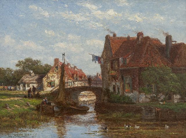 Jan van Lokhorst | A village stream with moored vessels, oil on panel, 17.9 x 23.9 cm, signed l.l. and dated 1870