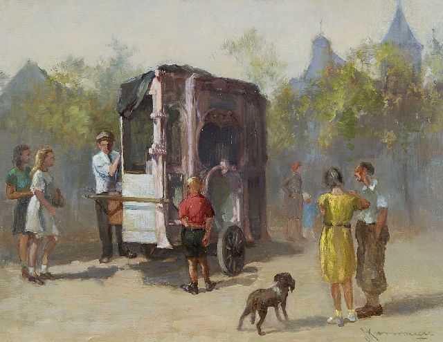 Kaemmerer J.H.  | The street organ, oil on panel 21.6 x 27.8 cm, signed l.r.