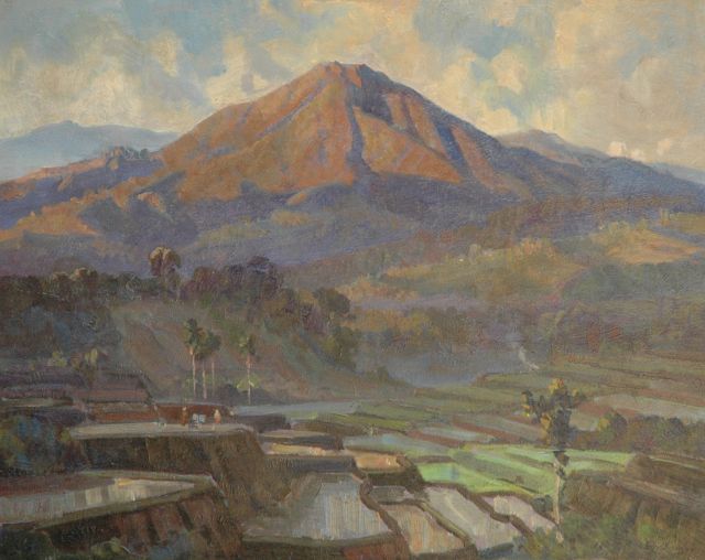 Dezentjé E.  | An Indonesian landscape, oil on panel 57.1 x 72.2 cm, signed l.r.