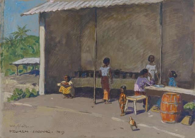 Willy Sluiter | A kitchen in Sabang, charcoal and watercolour on paper, 23.8 x 33.2 cm, signed l.l. and dated 1923