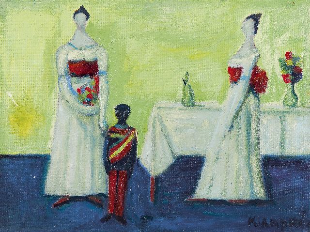 Andréa C.  | Two women by a table, oil on painter's board 29.9 x 39.9 cm, signed l.r.