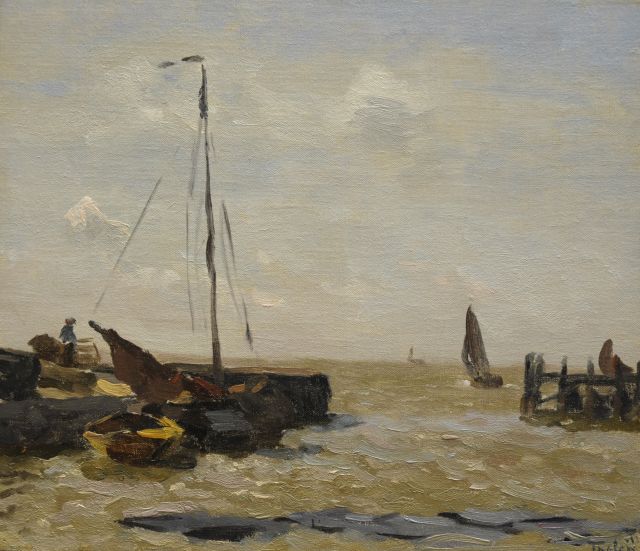 Willem Bastiaan Tholen | Harbour along the Zuiderzee, oil on canvas laid down on panel, 27.5 x 32.1 cm, signed l.r.