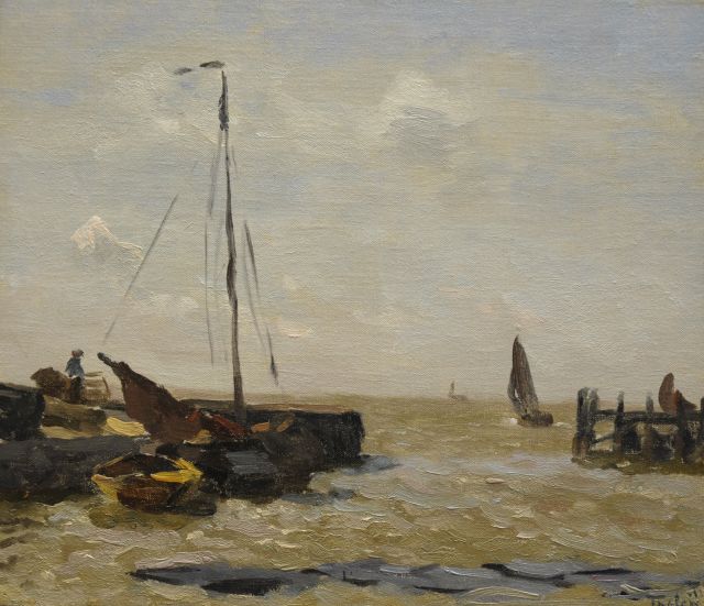 Tholen W.B.  | Harbour along the Zuiderzee, oil on canvas laid down on panel 27.5 x 32.1 cm, signed l.r.