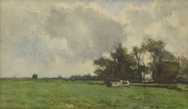 Jan Hendrik Weissenbruch | Cows resting in a meadow near a haystack, watercolour and gouache on paper, 22.3 x 36.8 cm, signed l.r.