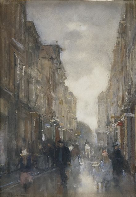 Floris Arntzenius | The Spuistraat, The Hague, chalk, watercolour and gouache on paper, 40.6 x 28.6 cm, signed l.l.