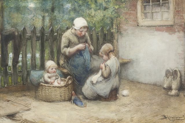 Blommers B.J.  | The knitting lesson, chalk, watercolour and gouache on paper 34.2 x 51.9 cm, signed l.r.