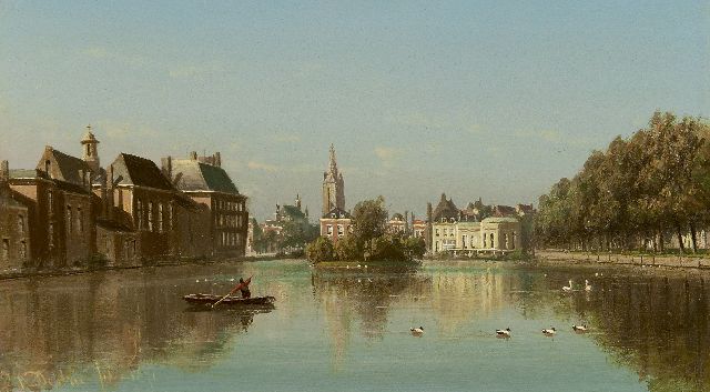 Johannes Josephus Destrée | The Hofvijver, The Hague, oil on panel, 19.6 x 33.9 cm, signed l.l. and dated 1871