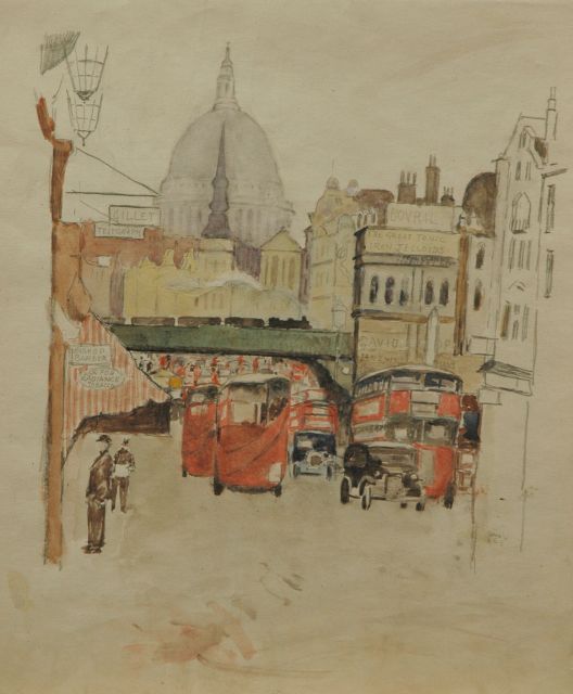 Marie Henri Mackenzie | A town view, London, pencil and watercolour on paper, 35.8 x 27.4 cm, painted 1938