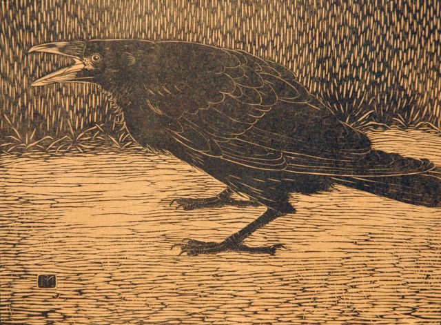 Jan Mankes | Screaming crow, woodcut on Japanese paper on cardboard, 18.4 x 24.3 cm, signed with monogram in the block and executed in 1918