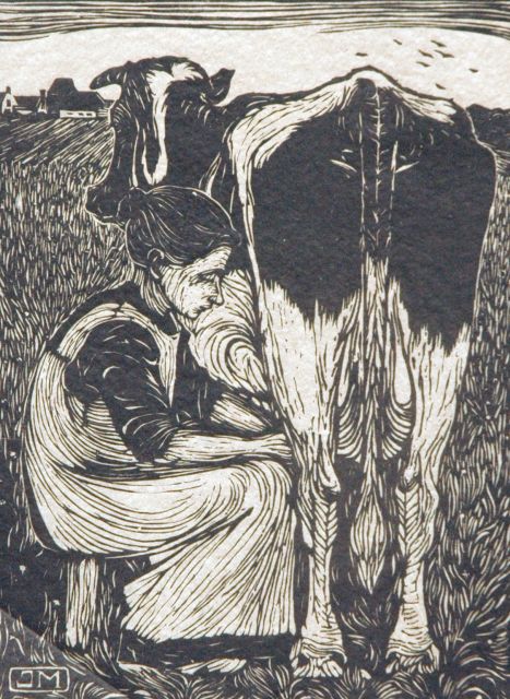 Mankes J.  | Milking the cow, woodcut on Japanese paper 19.2 x 14.2 cm, signed l.r. in full (in pencil) and with monogram i/t blo and executed in 1914