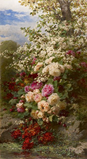 Robie J.B.  | A flower still life with roses, oil on panel 135.1 x 75.6 cm, signed l.l.