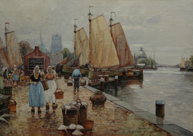 Hornemann R.  | A quay with moored sailing ships, oil on canvas 50.7 x 70.6 cm, signed l.r.