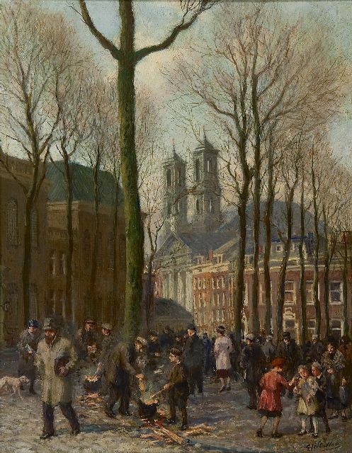 Staller G.J.  | A view of the Jonas Daniël Meijerplein (near the Waterlooplein) in Amsterdam, oil on panel 24.5 x 18.9 cm, signed l.r.