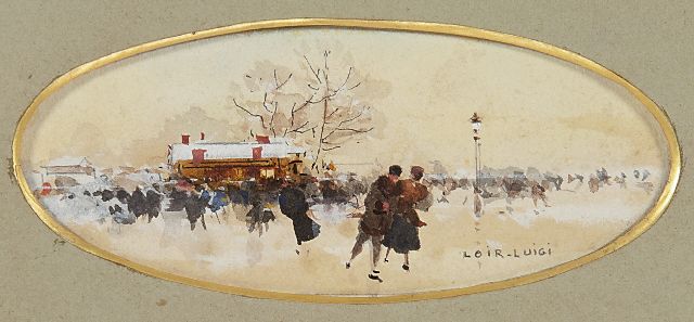 Luigi Loir | Ice scaters in Bois de Boulogne, pencil, ink, watercolour and gouache on paper, 3.8 x 9.3 cm, signed l.r.