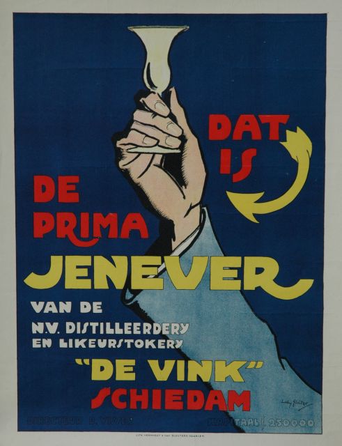 Sluiter J.W.  | Poster 'Dat is de prima Jenever van 'De Vink' Schiedam', colour lithograph poster 45.5 x 58.0 cm, signed l.r. on the stone