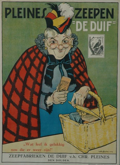 Sluiter J.W.  | Poster Pleines soap 'De Duif', colour lithograph poster (on canvas) 95.7 x 69.1 cm, signed l.r. on the stone
