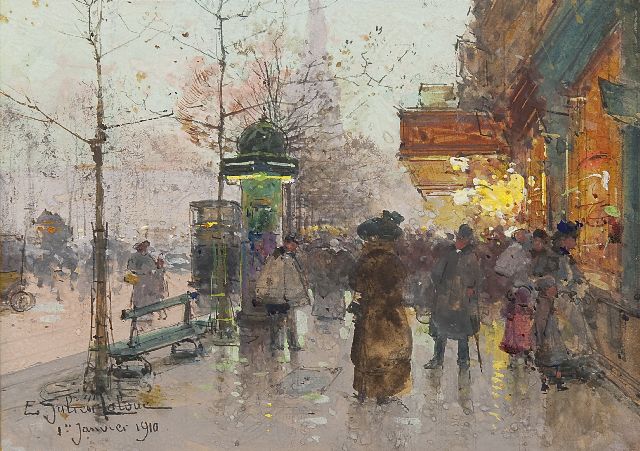 Eugène Galien-Laloue | A Grand Boulevard in Paris on Newyear's Day, watercolour and gouache on paper, 13.2 x 18.2 cm, signed l.l. and dated 1 Janvier 1910