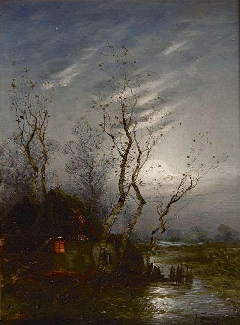 Jungblut J.  | Polder farm by moonlight, oil on panel 24.0 x 17.7 cm, signed l.r.