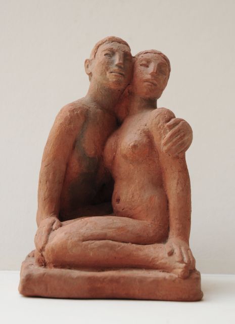 Leslie Harradine | Lovers, terra cotta, 15.8 x 10.3 cm, signed on the side of the base and dated '48 on the side of the base