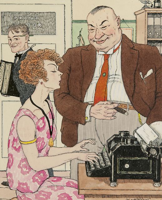 Martin Claus | Making jokes with the secretary, pen and ink and watercolour on paper, 24.1 x 19.2 cm, signed l.r. and painted  1928
