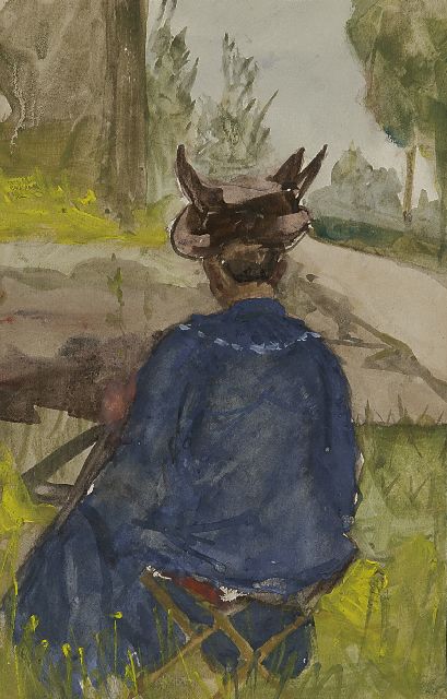 Repelius J.E.  | The painter Thérèse Schwartze at work, watercolour on paper 22.5 x 14.3 cm