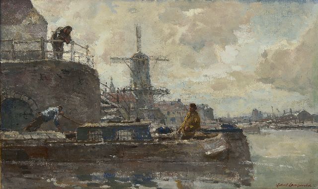 Langeveld F.A.  | Windmill along the water, Amsterdam, oil on canvas 48.3 x 80.2 cm, signed l.r.