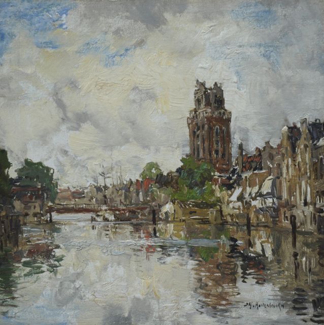 Johan Hendrik van Mastenbroek | A harbour in Dordrecht with the tower of the Grote Kerk, oil on panel, 15.8 x 16.0 cm, signed l.r.