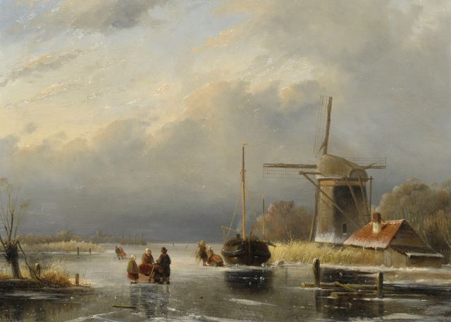 Cornelis Petrus 't Hoen | A winter landscape with skaters by a windmill, oil on panel, 32.0 x 43.5 cm, signed l.l. and dated 1846