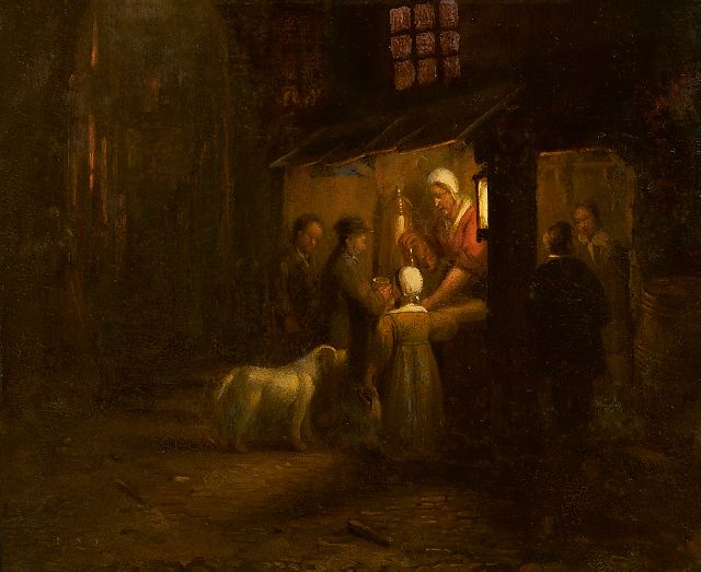Gillis Haanen | A market stall with figures by candle light, oil on panel, 19.7 x 22.4 cm