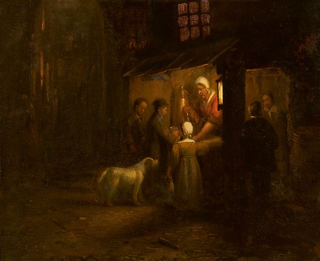 Gillis Haanen | A market stall with figures by candle light, oil on panel, 19.7 x 22.4 cm